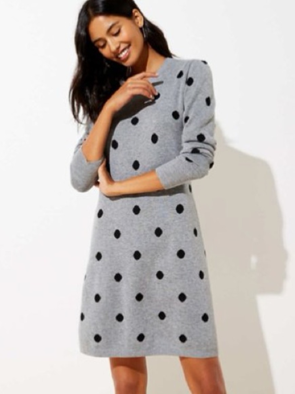Ann Taylor LOFT Chic Gray Polka Dot Wool Sweater Knit Midi Dress Size XS